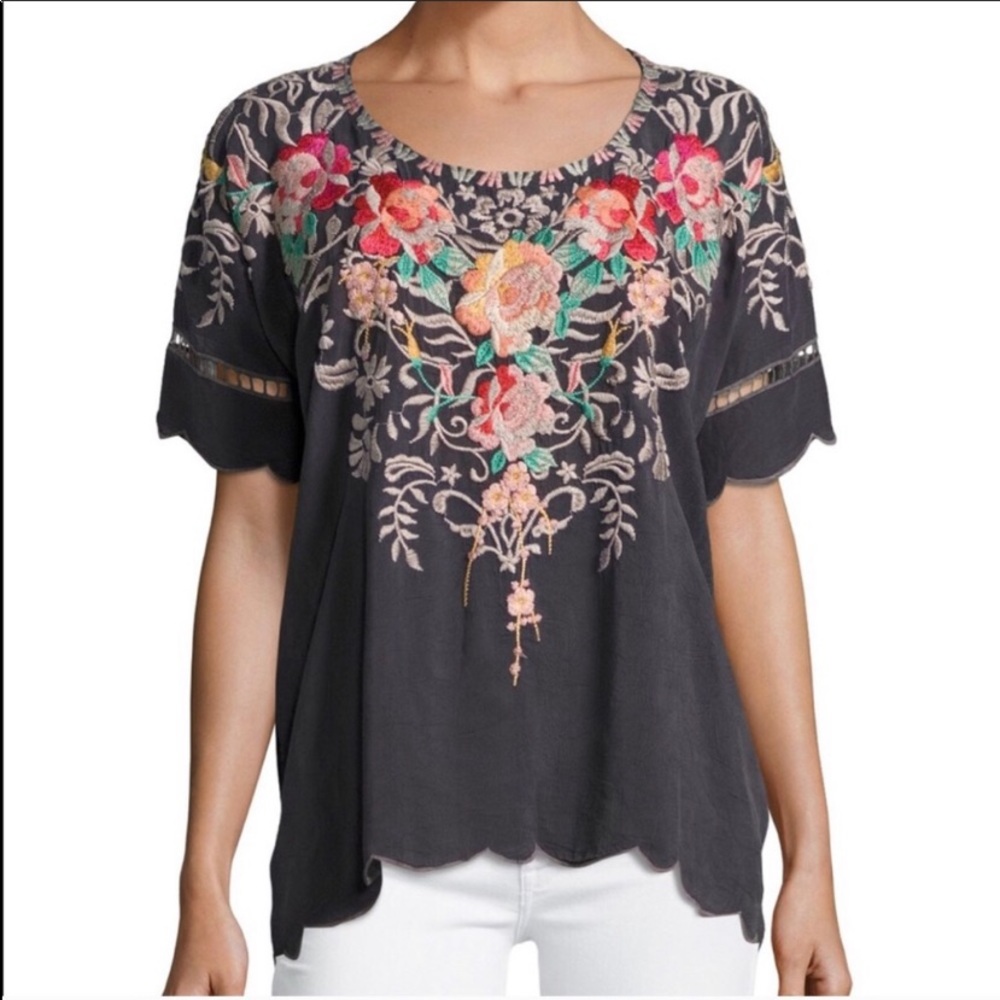 Johnny Was Embroidered Jenn Onyx Gray Floral Top